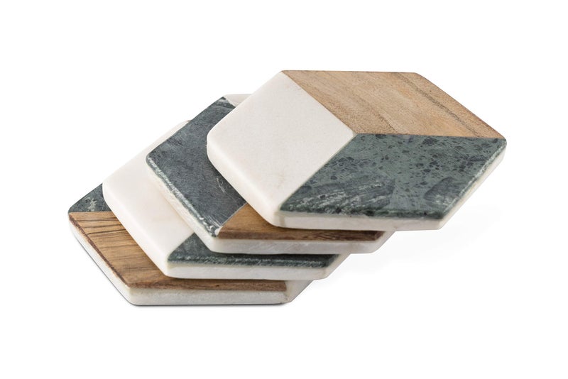 GoCraft Hexagon Geometric Coasters | Handcrafted Geometric Coasters with Green for Your Drinks, Beverages & Wine/Bar Glasses | Green Marble & Wood Inlay on White Marble Base (Set of 4) - Image 3